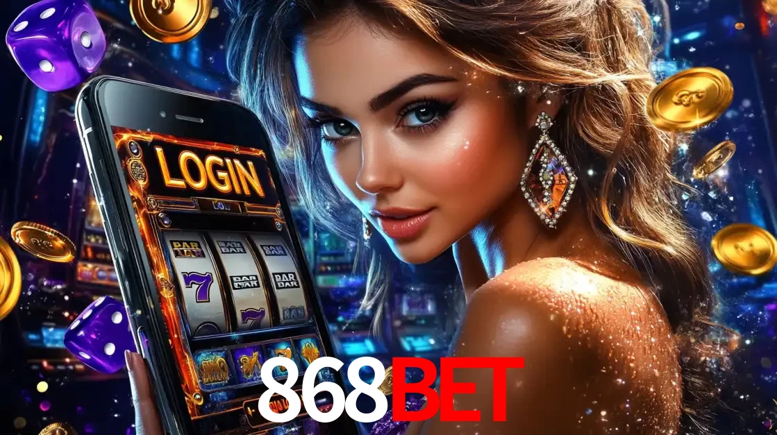 Mulher glamorosa segurando um smartphone com a tela de login para os jogos de caça-níqueis do cassino online 868BET, com moedas de ouro e dados ao redor.